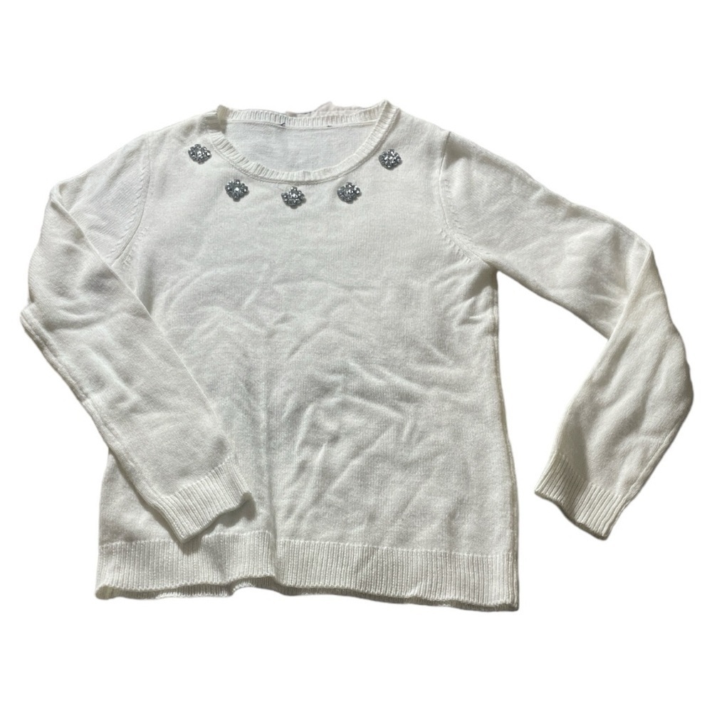IVANKA TRUMP white long sleeve lightweight jeweled crew neck sweater.